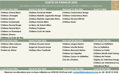 planning des sorties en primeur 2025 au livre de cave